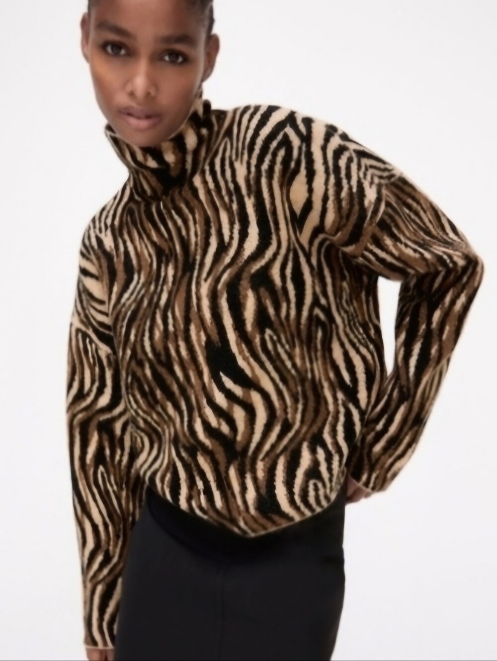 Zara Zebra Print Turtleneck Sweater - Black and Brown